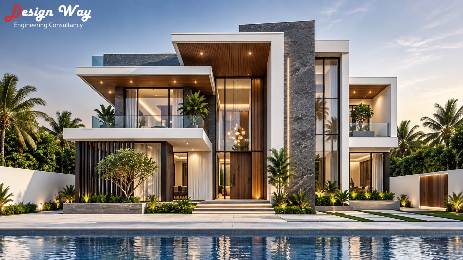 Contemporary villa elevation with stone, timber and full-height glazing