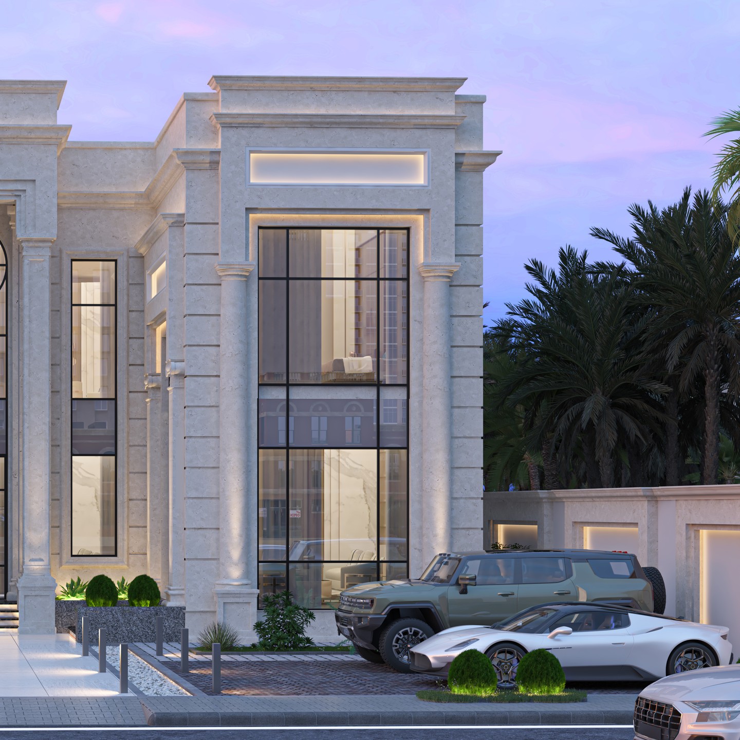 Illuminated neo-classical residence façade by Design Way
