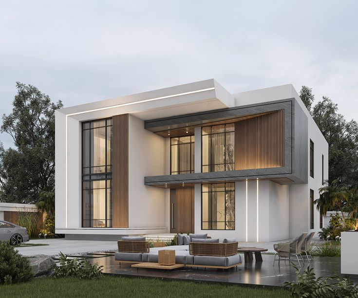 Contemporary villa with framed glazing and warm timber screens