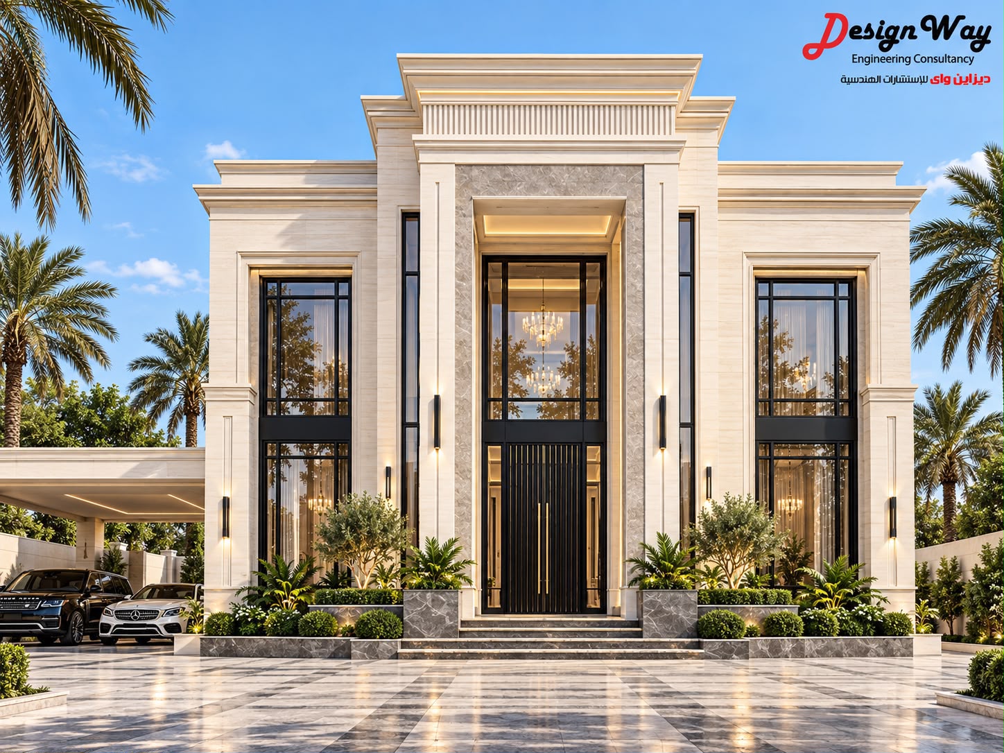 Ivory classical villa with a monumental framed entrance