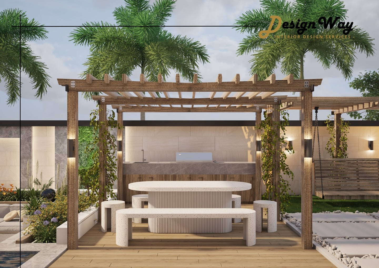 Garden dining terrace beneath a timber pergola