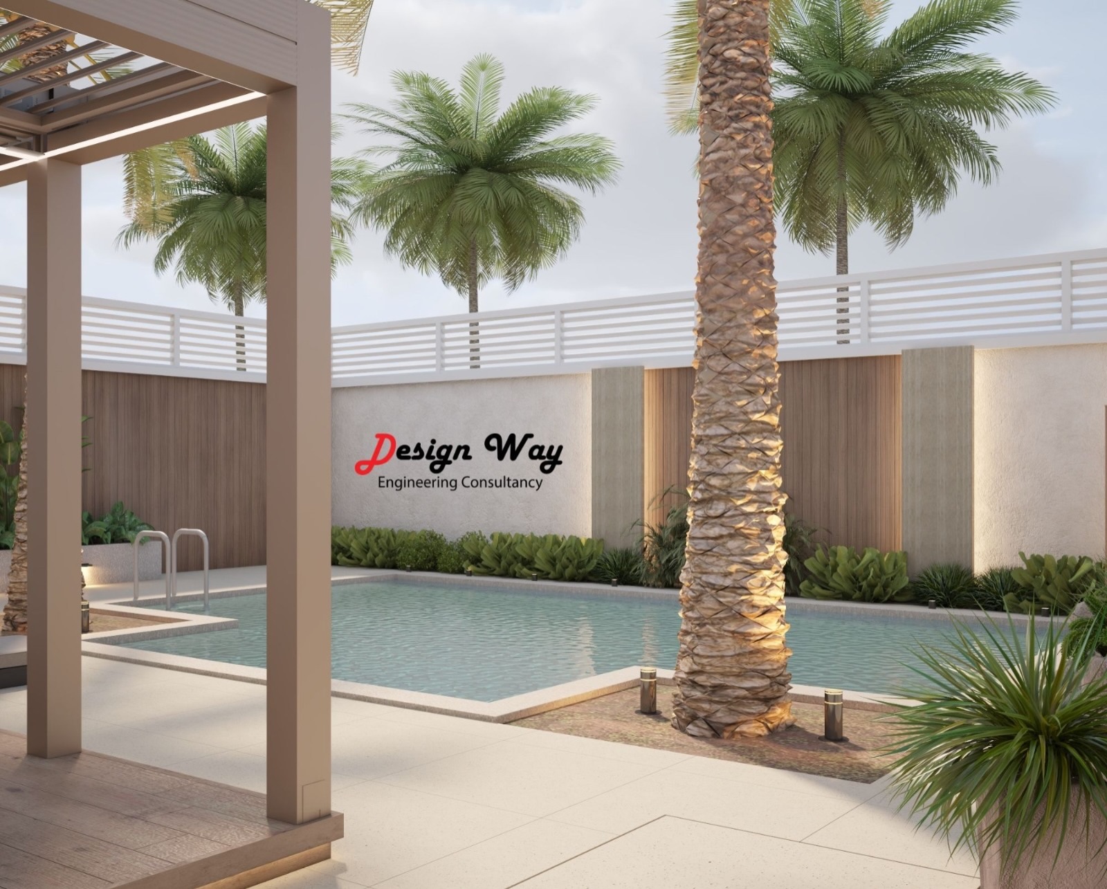 Palm courtyard garden with pool and timber pergola
