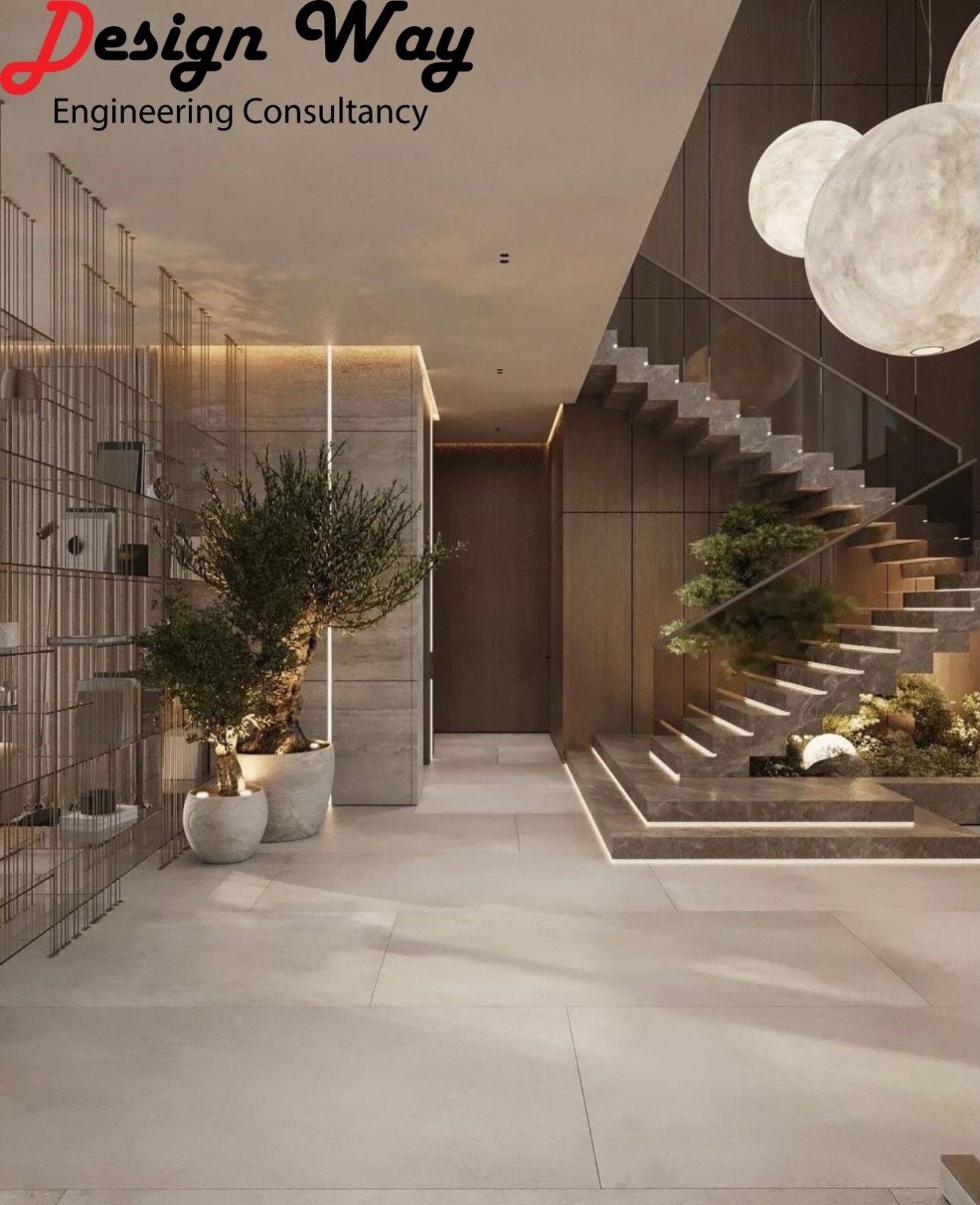 Double-height interior with sculptural floating stair